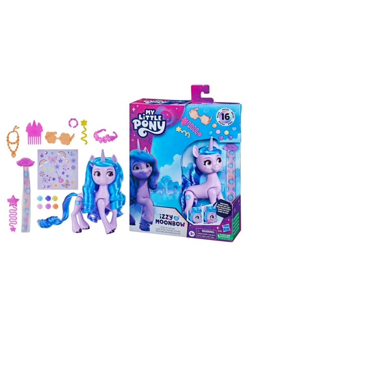 Figurina Hasbro My Little Pony Izzy Moonbow, set accesorii, schimba culoare, articulata, 3 ani