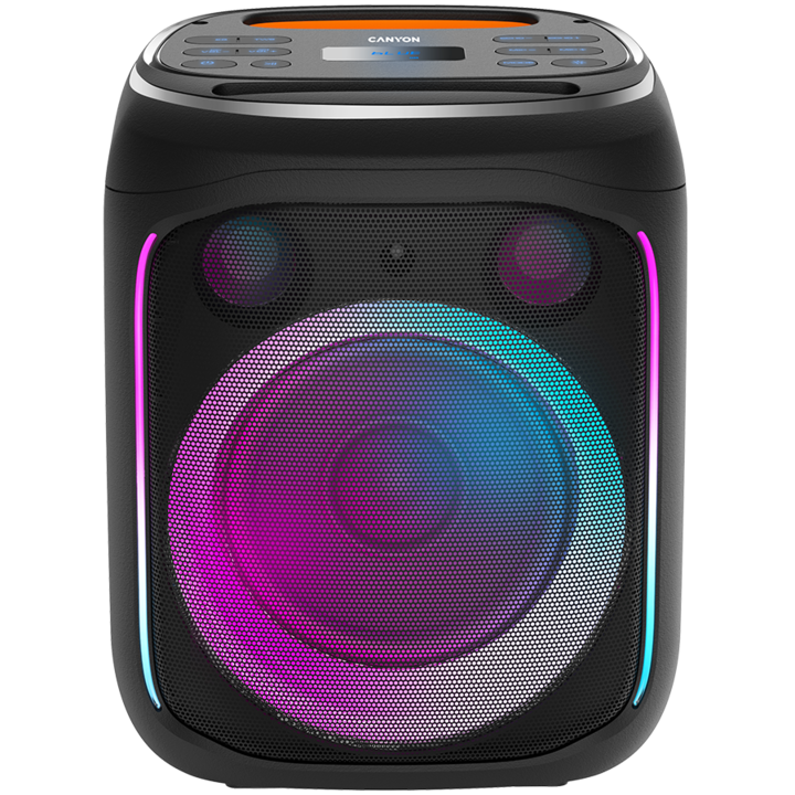 CANYON OnFun 5, Partybox speaker, Spec: speaker drivers: 6.5''+1.5'tweeter Power Output : 40W Lithium Battery : 7.4v 3600mAh Function : AUX+TF+MIC+BT+USB+DSP+EQ+ehco+. Color: Black body, orange handle. CNE-PBSP5