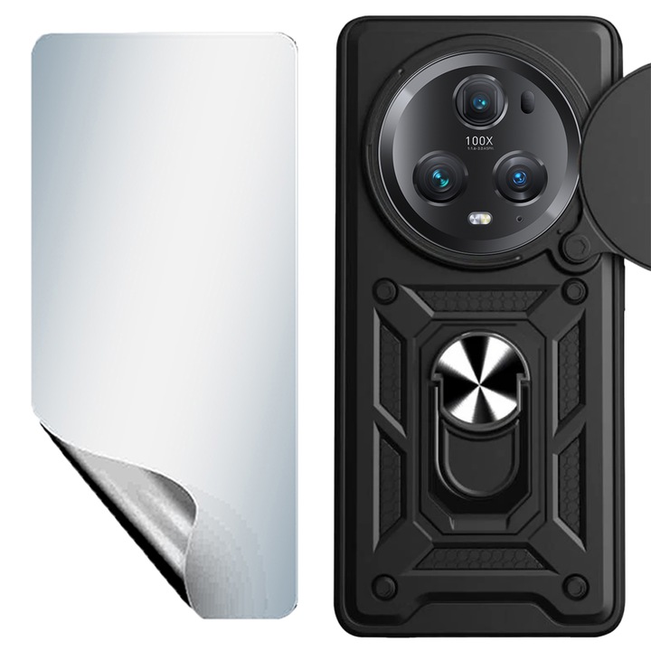 Комплект регенерируемо хидрогелно фолио и заден капак на обектива с броня на затвора за Honor Magic5 Pro, OPTIM SOLUTION, иновация и защита, плъзгащ се механизъм, 360° защита на цялото тяло на Camshield, против пръстови отпечатъци, черен