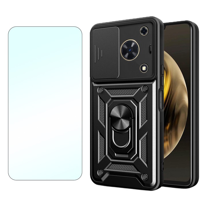 2.5D Secure Glass Fólia készlet és redőny hátsó páncélgyűrű lencsevédő Huawei Nova Y72, OPTIM MEGOLDÁS, Innováció és védelem, Csúsztatási Mechanizmus, UHD Clarity, Prémium védelmi készlet, Camshield teljes test 360°, fekete