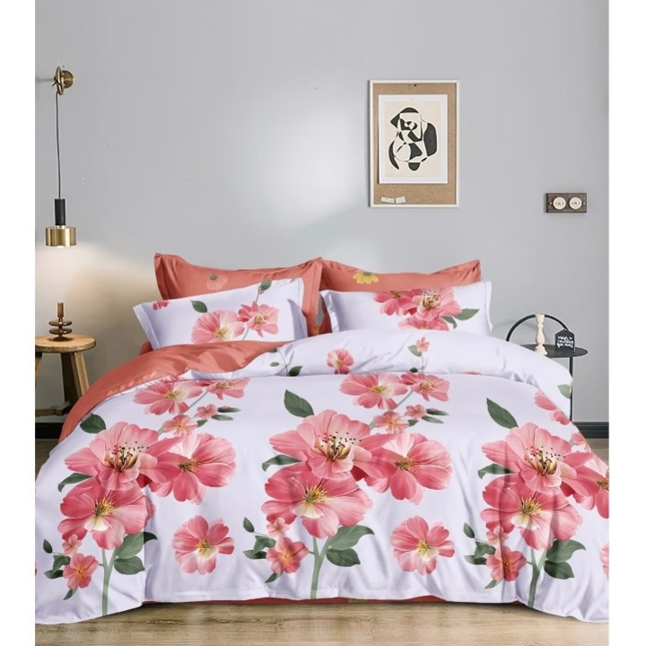 Спално бельо, Corai Flower Print, 4 части, 2 лица, 230x250 см, Памук, Многоцветен