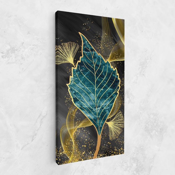 Tablou Canvas, 40x80 cm, Dormitor si Living, Flori, Frunze, Golden Leaves Blue