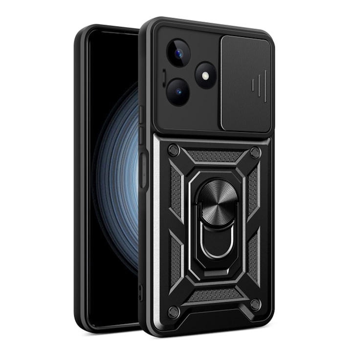 Калъф за Realme C51 / Note 50 с 360 Daden® въртящ се пръстен, Hybrid Antisoc, Плъзгач за защита на камерата, Черен