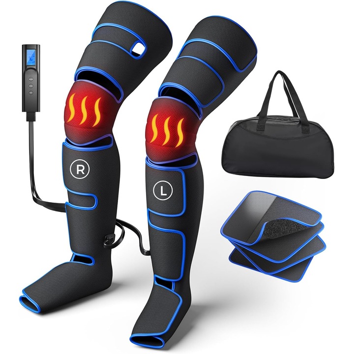 Масажор WALALLA, 3 интензитета, 3 температурни степени, въздушна компресия, черен/син, за бедра/прасци/крака/колена