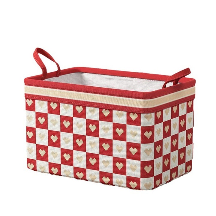 Кутия за съхранение тип кошница, организация, текстил, сгъваема, переща се, с дръжки, шарка червено сърце, 40x30x25 см, червена