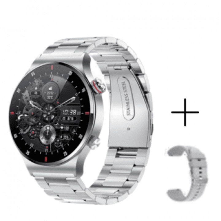 Смарт часовник QW33, съвместим с Android / iOS, водоустойчив, метлна и сива каишка, 1, 3 инча