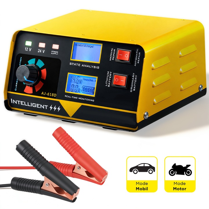Redresor Auto Inteligent, BYONDSELF®, 3 in 1, 15A Baterie Litiu Plumb-Acid, Protectie Scurtcircuit, Repararea Pulsului, Reglati Automat Incarcarea, 12V/24V, Compatibil Masini, Camioane, Nave