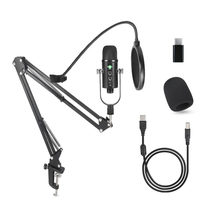 Студиен микрофон WALALLA, кондензаторен, суперкардиоиден, USB, черен, 2м
