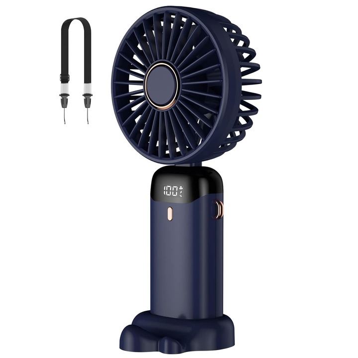 Állítható hordozható ventilátor, 5 sebesség, Ultra hordozható, 5000 mA, 11 órás akkumulátor-élettartam, LCD képernyő, USB, kék