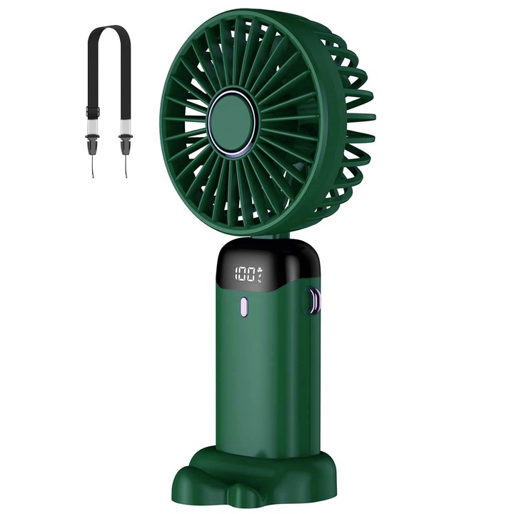 Állítható hordozható ventilátor, 5 sebesség, Ultra hordozható, 5000 mA, 11 órás akkumulátor-élettartam, LCD képernyő, USB, zöld