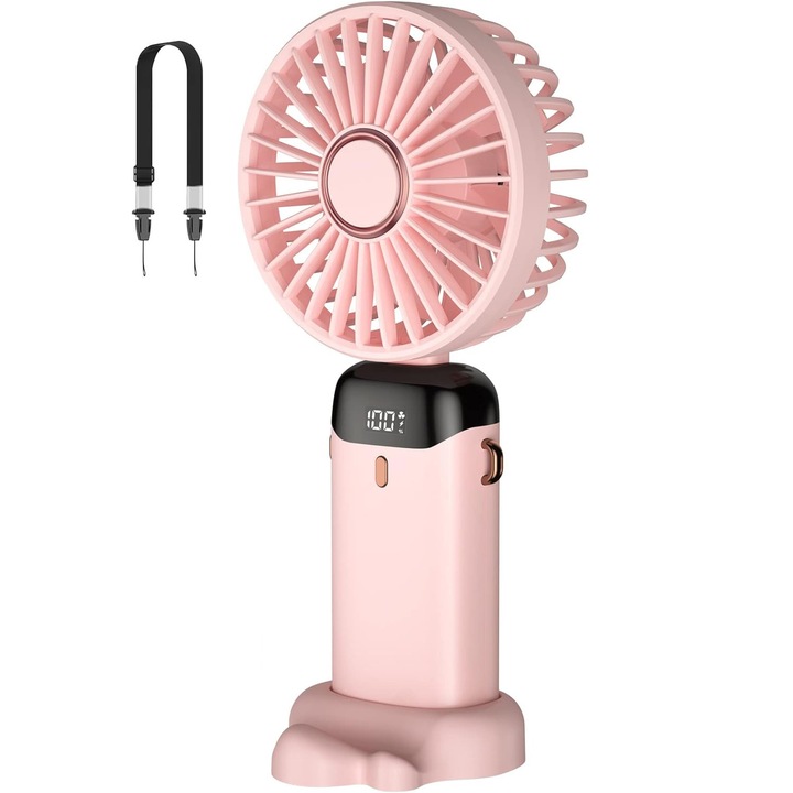 Állítható hordozható ventilátor, 5 sebesség, Ultra hordozható, 5000 mA, 11 órás akkumulátor-élettartam, LCD képernyő, USB, rózsaszín