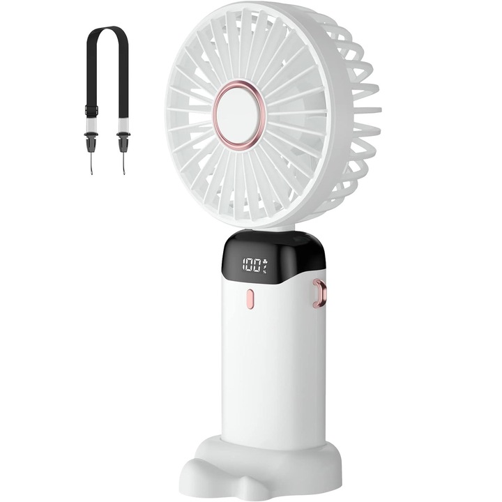 Állítható hordozható ventilátor, 5 sebesség, Ultra hordozható, 5000mA, 11 órás akkumulátor-élettartam, LCD képernyő, USB, fehér