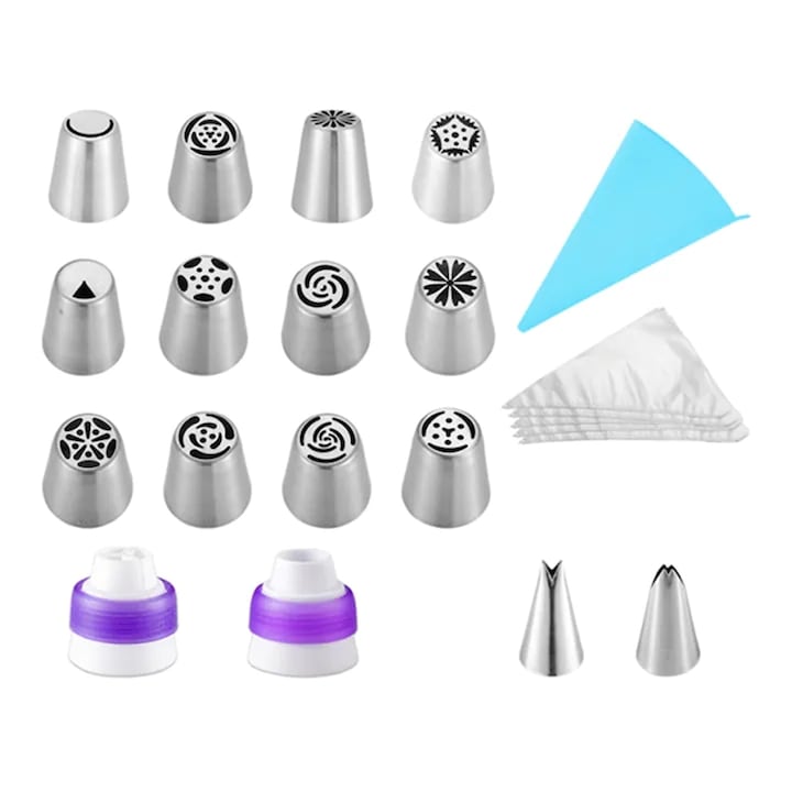 27 fúvóka készlet BOMSTOM-hoz, újrafelhasználható szilikon tasak, virágmintás, rozsdamentes acél, ezüst