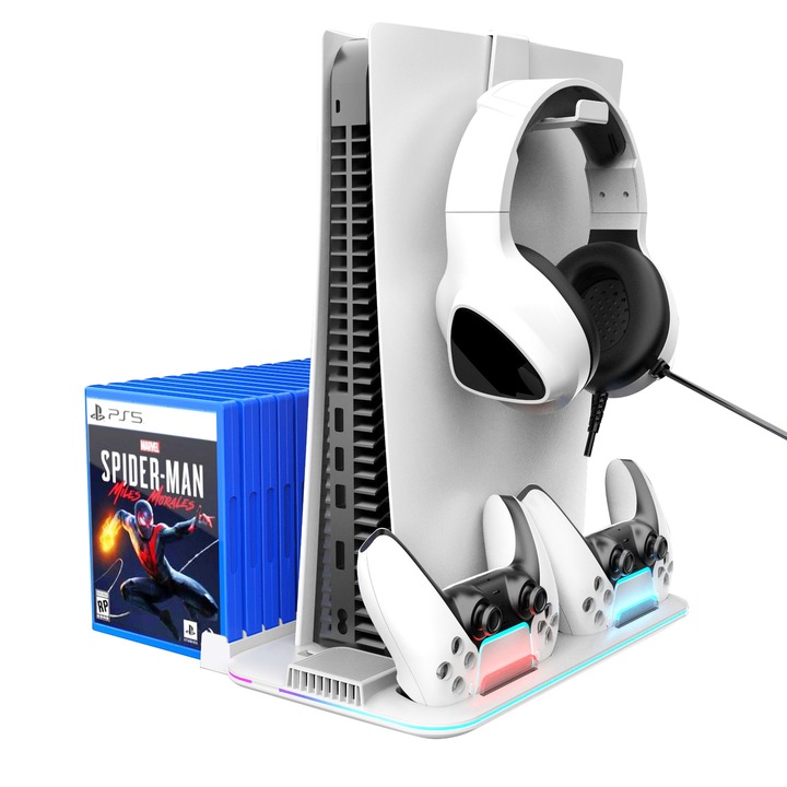 Seilylanka multifunkcionális függőleges állvány PlayStation5-höz, Gyors töltés, Ventilátor, Fejhallgató állvány, CD tárolóhely, RGB lámpa, Fehér, 320x210x28mm