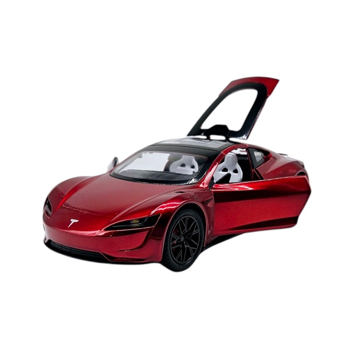 Tesla Roadster fémautó, Valósághű hangok, Fényszórók és hátsó lámpák világítanak, Nyitható ajtók, motorháztető és csomagtartó, Elemek, 20 cm, Piros, Méretarány 1:24