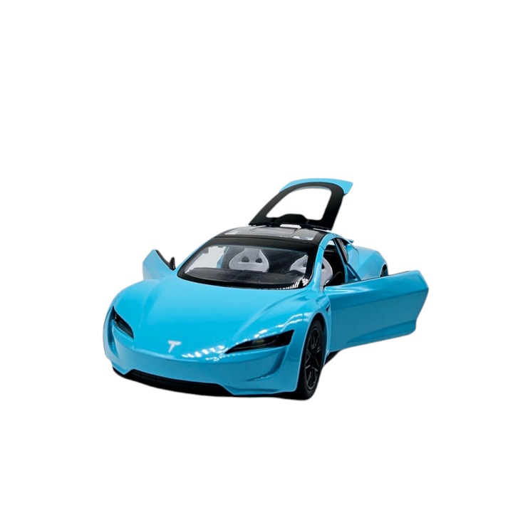Tesla Roadster fémautó, Valósághű hangok, Fényszórók és hátsó lámpák világítanak, Ajtók, motorháztető és csomagtartó nyitható, Elemek, 20 cm, Világoskék, Méretarány 1:24