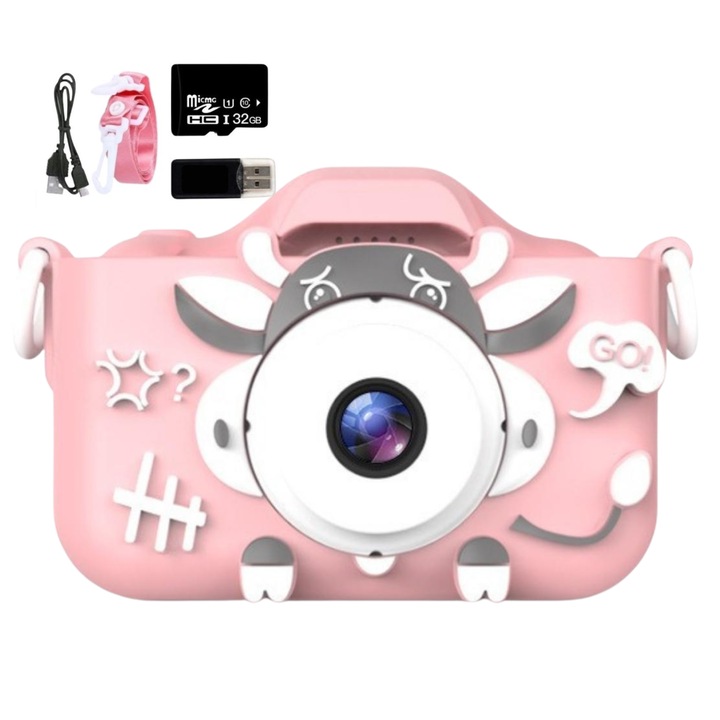 Camera foto digitala pentru copii, ZeeTech, Pirat, 40 Mpx, Card MicroSD de 32 GB, Jocuri, 1080p, Ecran de 2", Roz