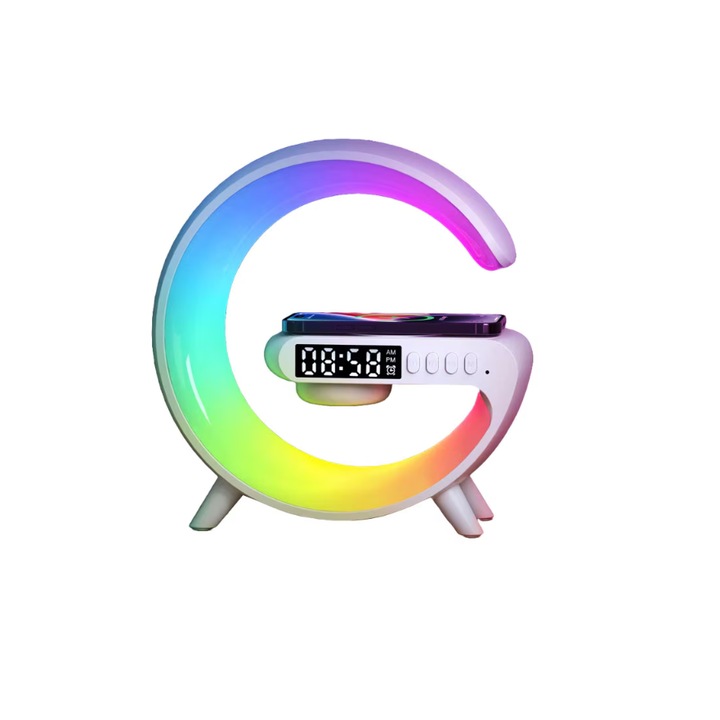 Lampa decorativa multifunctionala cu incarcare wireless 15W, ceas, alarma si boxa bluetooth JRH, lumina ambientala multicolora, jocuri de lumini, incarcare USB, slot card TF, mufa AUX 3.5mm, alb G