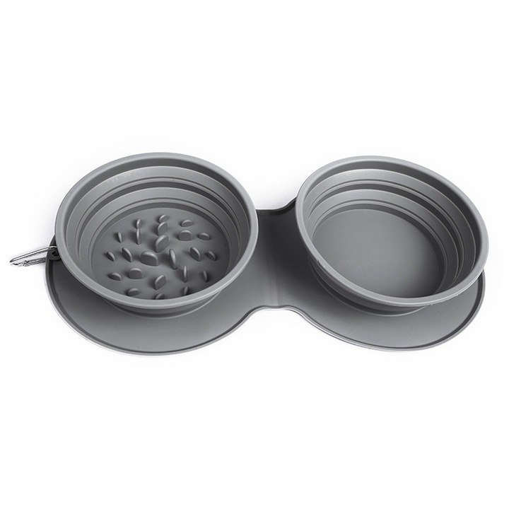 Castron pliabil dublu pentru calatorii, silicon alimentar, antiderapant, gri, 42x21x5cm
