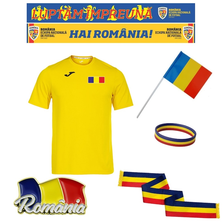 Kit pentru suporteri Romania Euro 2024, tricou, esarfa Hai Romania, bratara, esarfa pentru mana cu franjuri, steag de mana si insigna
