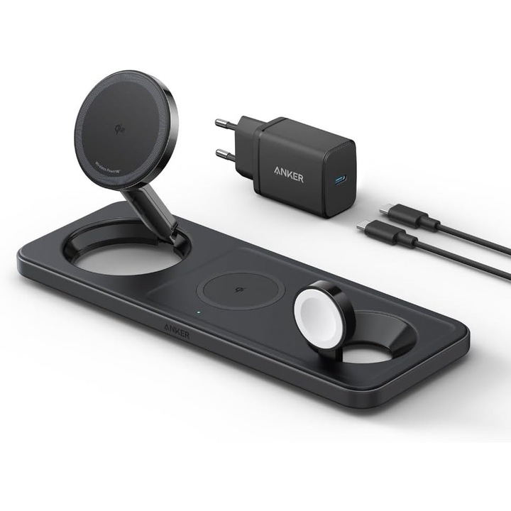 Сгъваемо безжично зарядно устройство Anker MagGo 3in1 Stand, Qi2, за iPhone 15/14/13/12, AirPods, Apple Watch, черен