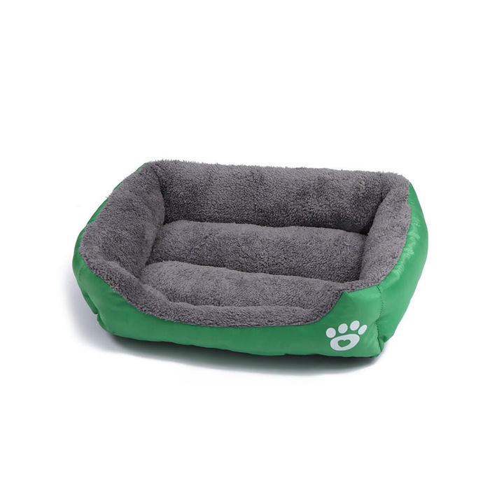 Culcus pufos, calduros, pentru caini si pisici, model dreptunghiular, baza anti-alunecare, 58x45x14 cm, Culoare Verde inchis