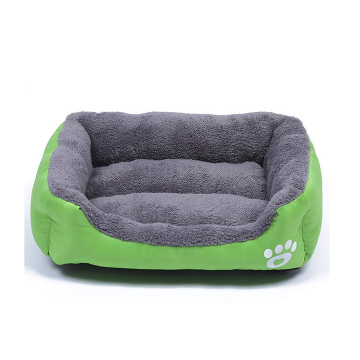Culcus pufos, calduros, pentru caini si pisici, model dreptunghiular, baza anti-alunecare, 58x45x14 cm, Culoare Verde