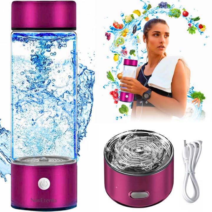 Sticla generatoare de Apa Hidrogenata/Ionizata NovEterna®, Portabila, 420 ml, Alimentare USB, LED, Filtru inclus, Concentratie Hidrogen 1300-1600 ppb, Apa Magnetizata, Plasmatica, Alcalina, Design Fucsia