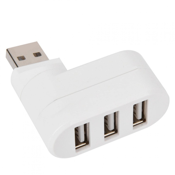 USB хъб 3 в 1, JENUOS®, Външен, USB 3.0, въртящ се на 180 градуса, адаптер с 3 порта, сплитер, съвместим лаптоп, MacBook, PC, бял