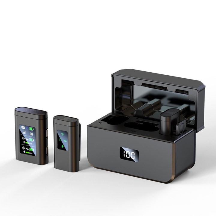 Set 2 microfoane lavaliera profesionale wireless Latauar, conectare 2.4G, sistem de procesare sunet inteligent, conectare type C si lightning, Indicatori led, fara fir, laptop si camera DSLR