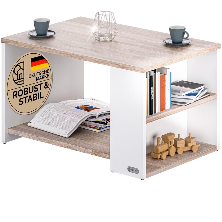 Маса за кафе, CASARIA®, рафтове, ПДЧ, бяло/естествено, 90 x 59 x 47, 5 см