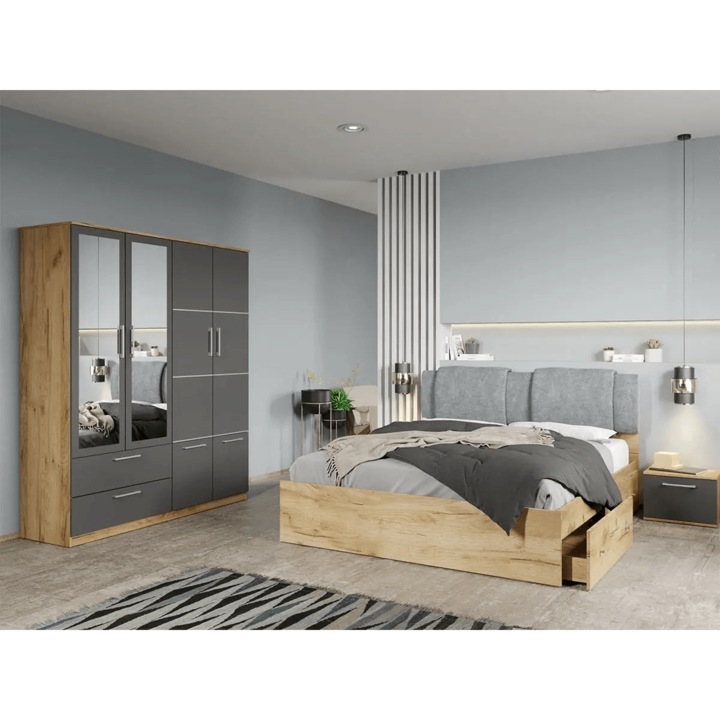 Set dormitor, Stejar Auriu cu Gri, Acapulco, C67, Dulap, Pat 160x200, Noptiere