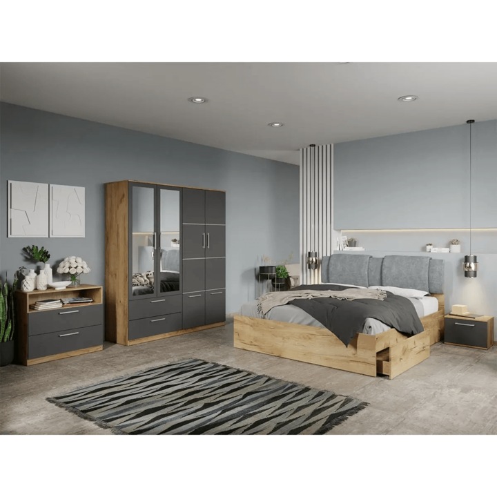 Set dormitor, Stejar Auriu cu Gri, Acapulco, C68, Dulap, Pat 160x200, Comoda, Noptiere