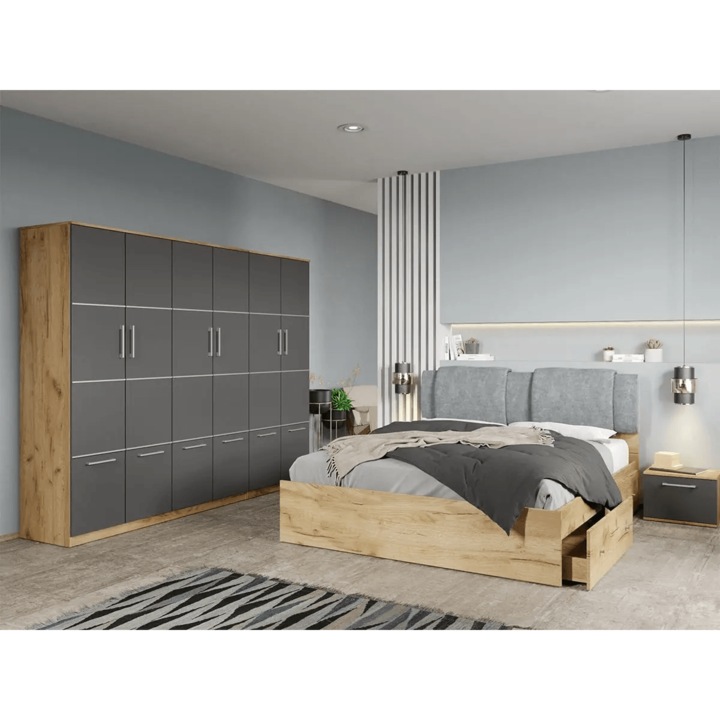 Set dormitor, Stejar Auriu cu Gri, Acapulco, C73, Dulap, Pat 160x200, Noptiere