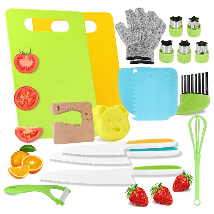 Детски кухненски комплект ZUNSEAT, 19 части, дървени ножове, прибори, ръкавици против порязване, многоцветни