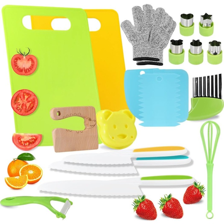 ZUNSEAT gyerekkonyhai szett, 19 db, fa kések, edények, vágásgátló kesztyű, tarka