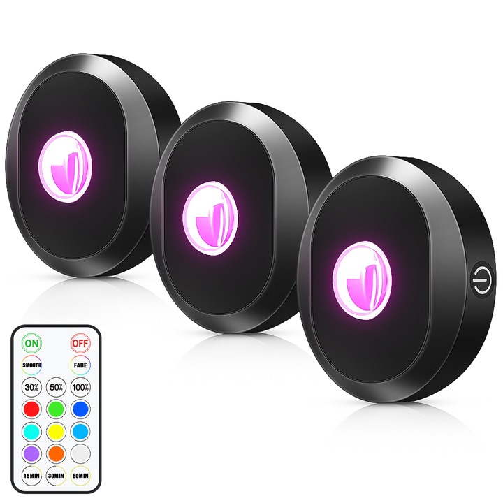 Set x3 Spot RGB Puck Light, 4W, DC5V, Telecomanda wireless, Multicolor, Lungime cablu 150 cm, Luminozitate reglabila, 200 LM, Alimentare USB tip C, Negru