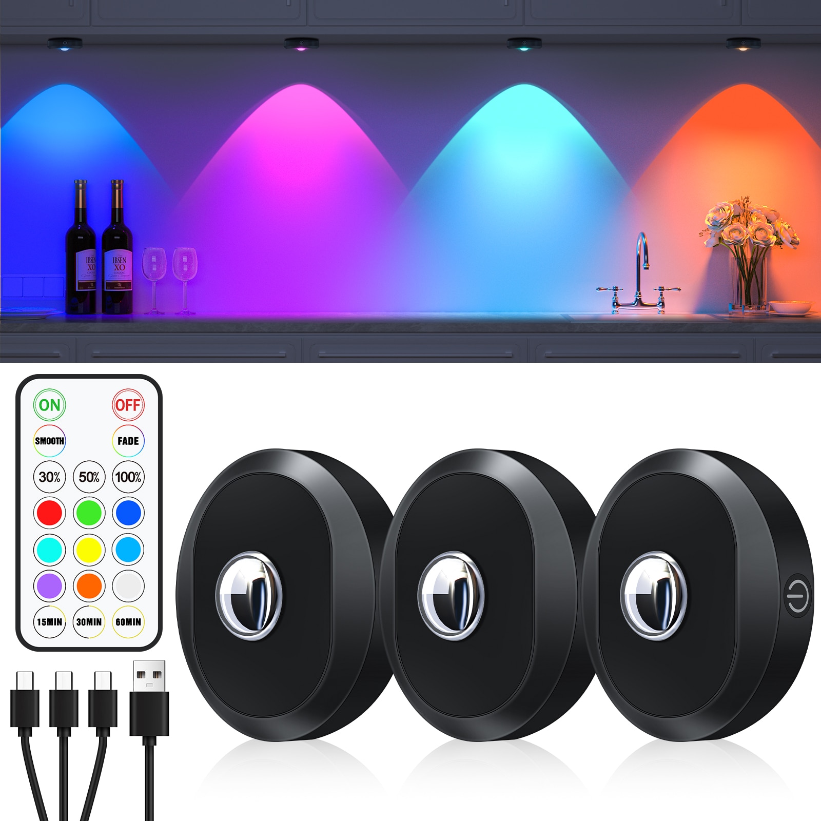 Spot Rgd Light Set x3 Spot RGB Puck Light, 4W, DC5V, Telecomanda wireless, Multicolor ...