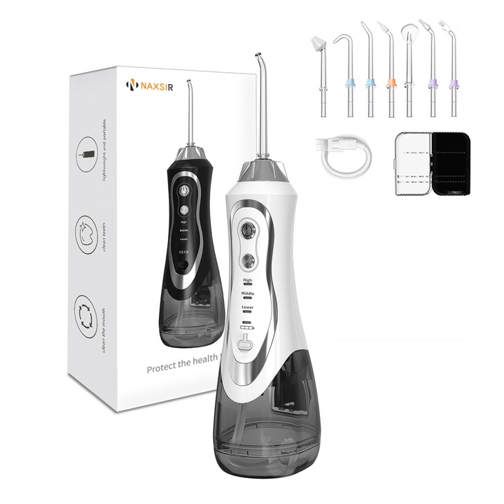 Irigator Oral Profesional pentru Dus Bucal, NAXSIR, portabil, IPX7, 3 TREPTE de presiune, Protectie supraincalzire, Rezervor 300 ml, Include accesorii, alb