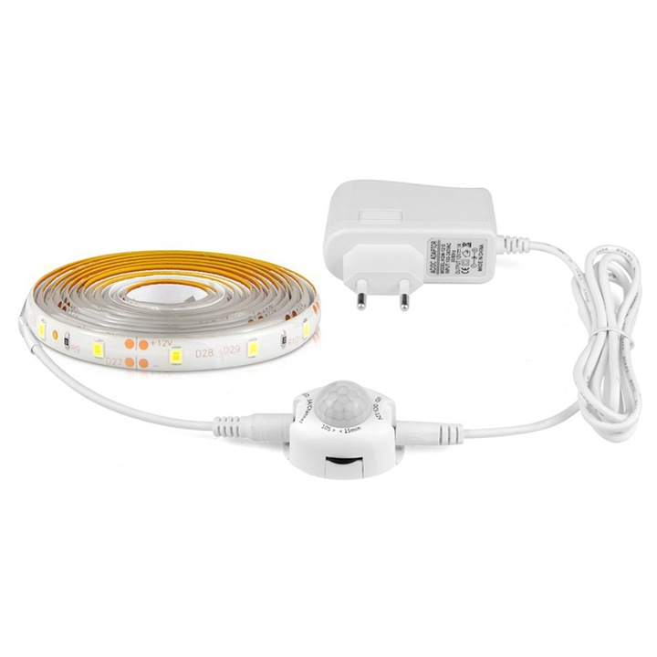 LED лента със сензор за движение, управление на светлината, инфрачервена, водоустойчива IP65, топло бяла, 2M