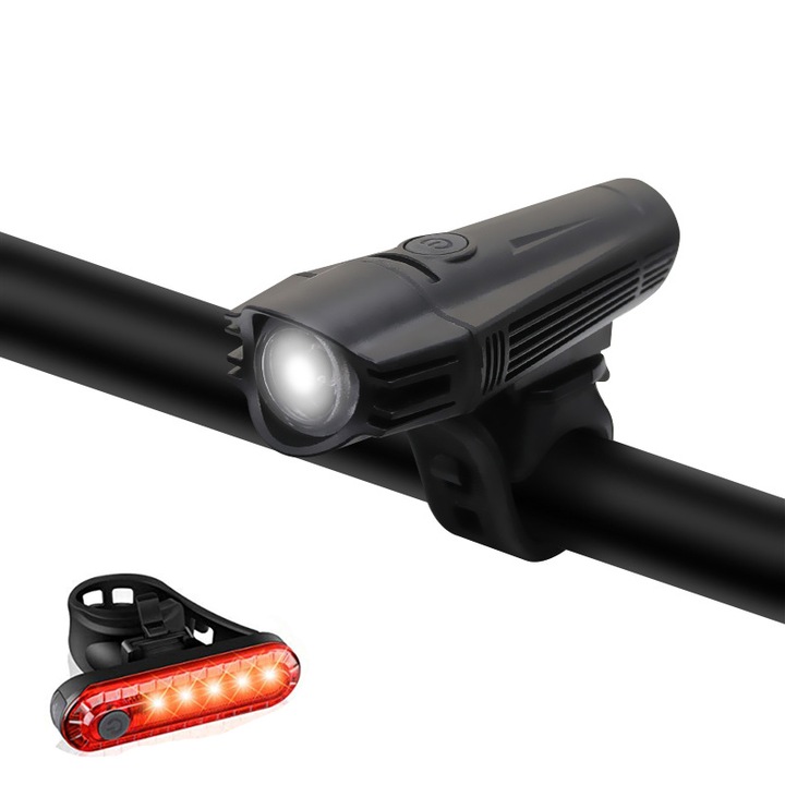 Комплект фенер, фар + стоп с акумулаторна батерия, 2000 mAh, USB, със стойка, Roffie, черен