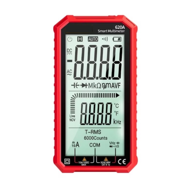 Multimetru digital 620A, Chigoods, Avertisment, Curent, Tensiune, Capacitate, Rezistenta, Ecran de 4.77 inch, Alimentat cu 2 baterii AAA, ABS/Silicon, Rosu