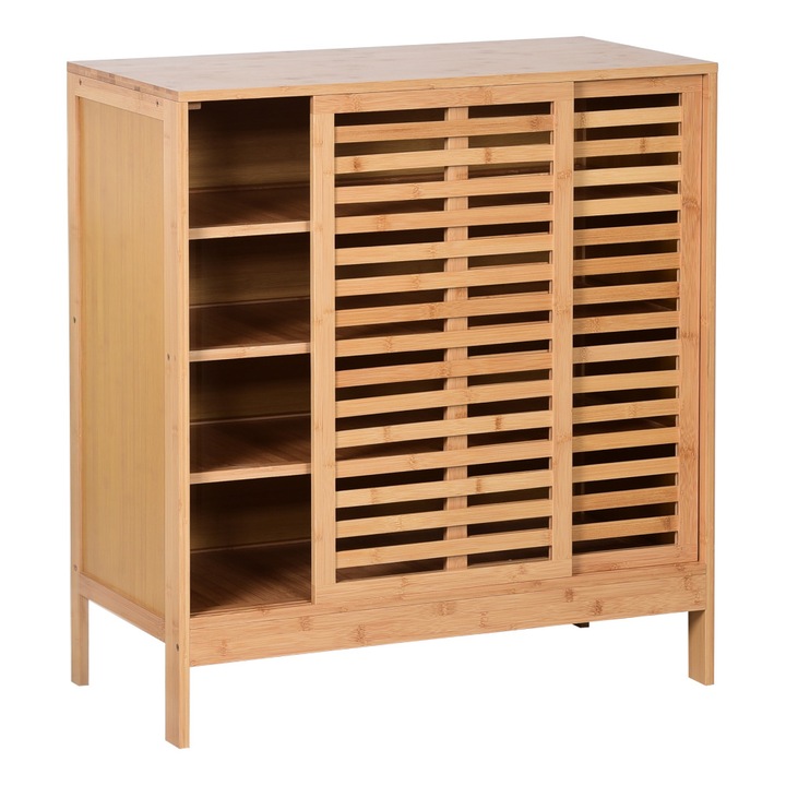 Suport pentru pantofi DacEnergy©, construit din bambus, lacuit, practic, 4 rafturi, usa glisanta, 80 x 40 x 88 cm, culoarea bambus natural