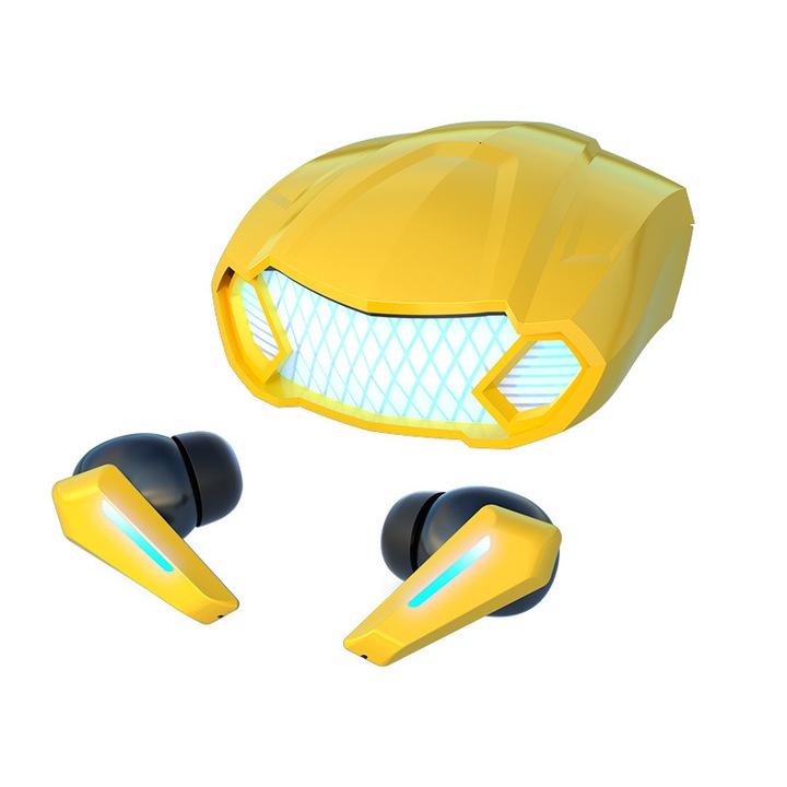 Vezeték nélküli fülhallgató, LED, 360D sztereó hang, mikrofon, víz- és izzadságálló, sárga, 6x5x3cm