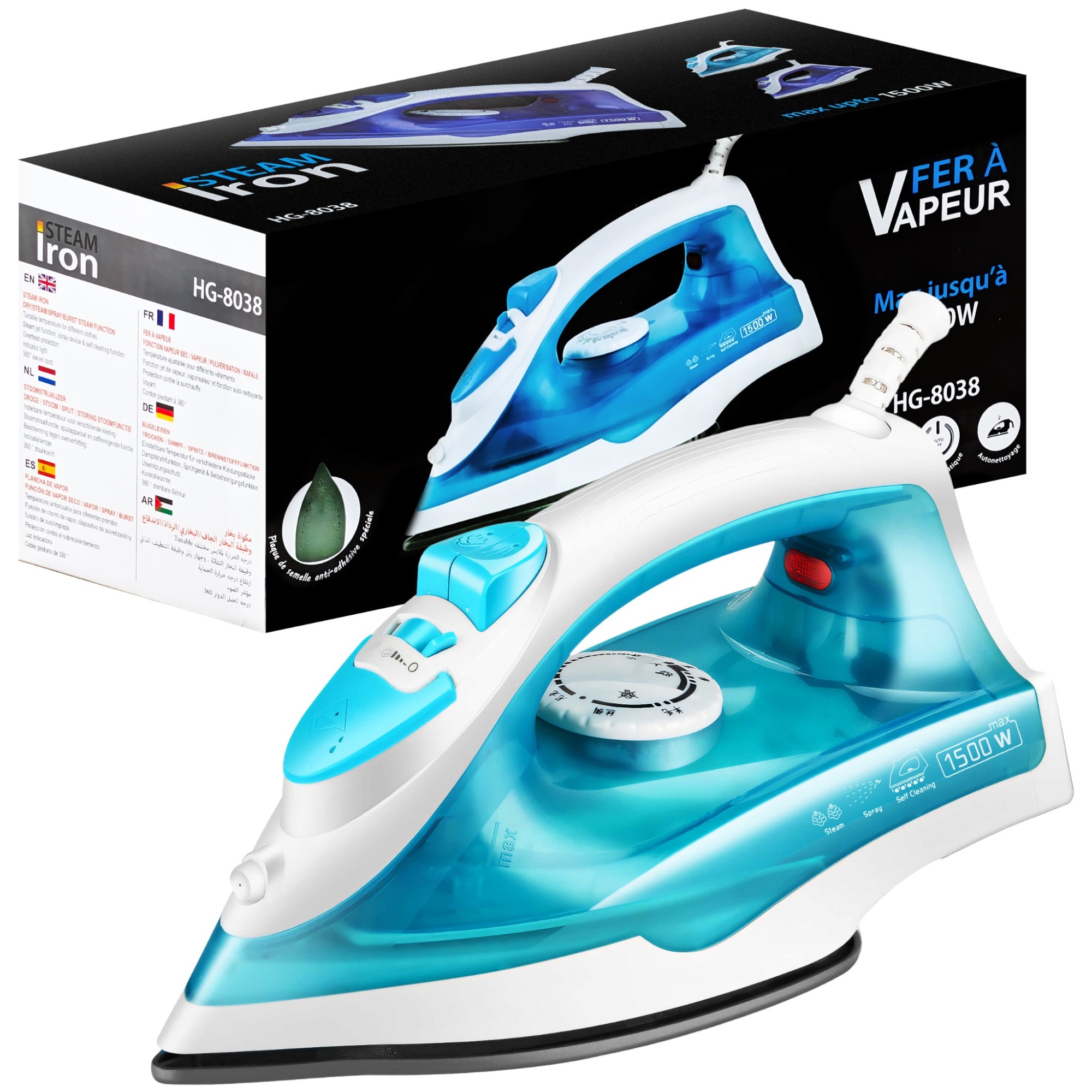 Fier De Calcat cu Abur Retoo cu Functie Autocuratare si Talpa Acoperita cu Teflon, 1200W, Rezervor 150ml, Cablu Rotativ 130cm, Albastru si Alb