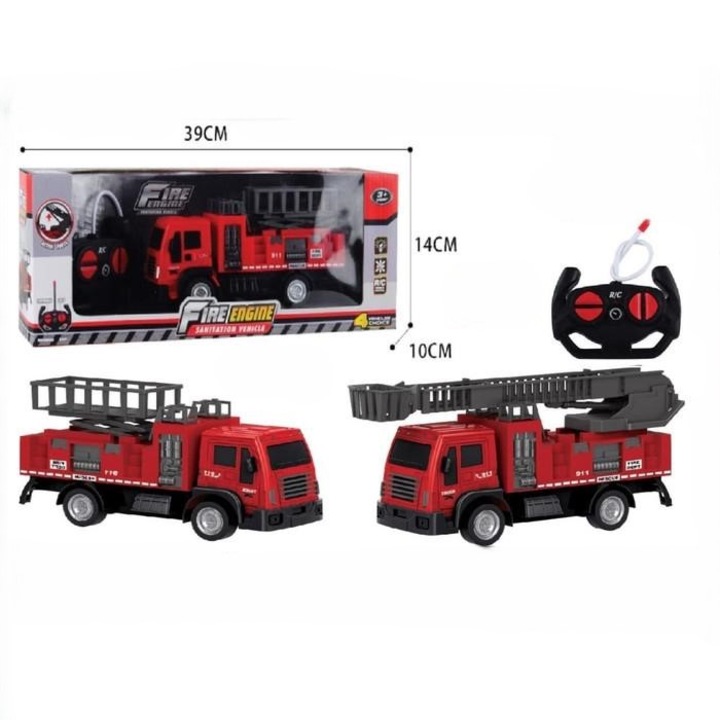 Masina de Pompieri cu telecomanda, interactiva, cu scara rotativa si extensibila, cu lumini intermitente si sunete realiste, rosu/gri, pentru copii de peste 3 ani
