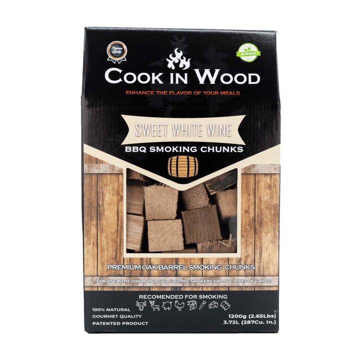 Bucati de lemn pentru afumare din lemn de stejar, infuzat cu aroma de sweet white wine, chunk-uri 1200 grame