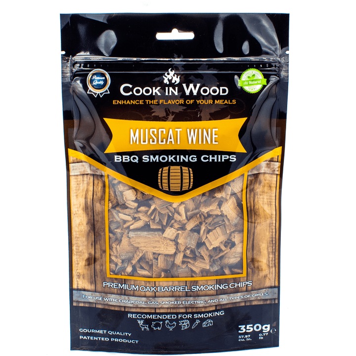 Aschii pentru afumare din lemn de stejar, infuzat cu aroma de MUSCAT WINE, chips-uri 350 grame