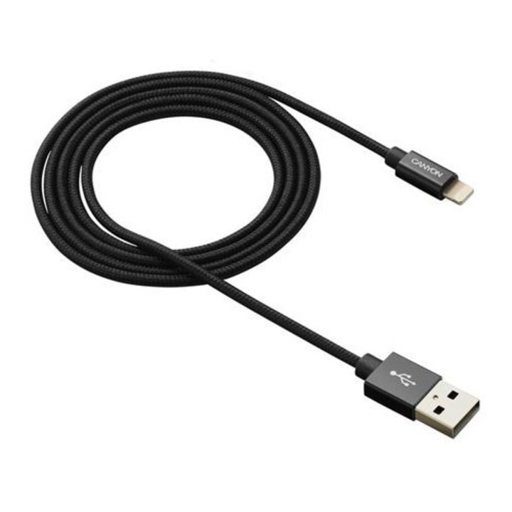 Canyon MFI-3 adatkábel, Charge & Sync MFI fonott kábel fém héjjal, USB-Lightning, Apple tanúsítvánnyal, kábel hossza 1 m, OD2,8 mm, fekete