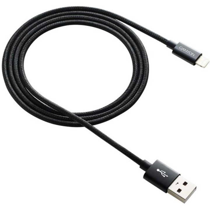 Кабел за данни Canyon CFI-3, Lightning USB Cable for Apple, Braided, Metallic shell, Cable length 1m, Black